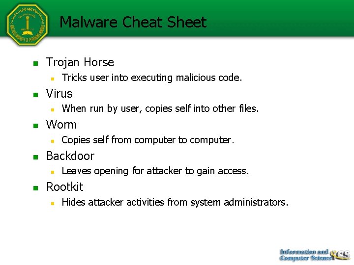 Malware Cheat Sheet n Trojan Horse n n Virus n n Copies self from