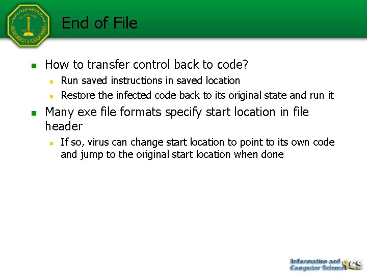 End of File n How to transfer control back to code? n n n