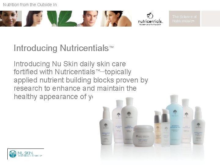 Nutrition from the Outside In The Science of Nutricentials™ Introducing Nu Skin daily skin