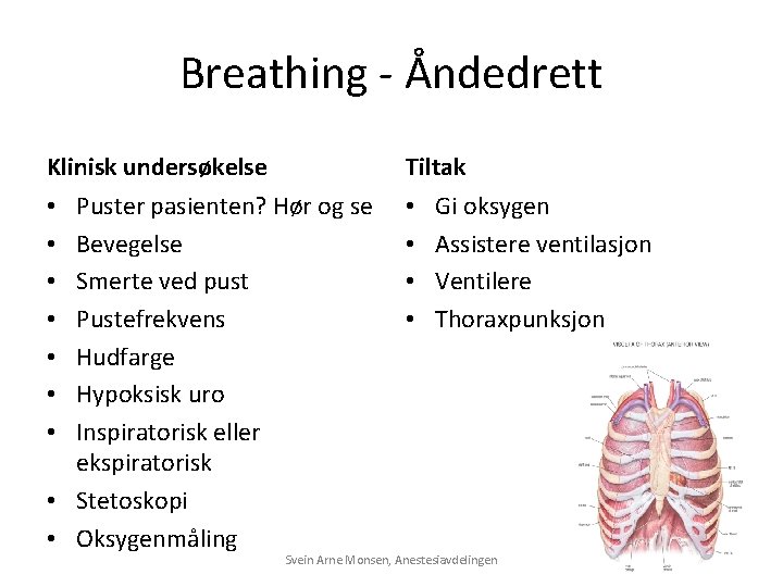 Breathing - Åndedrett Klinisk undersøkelse Tiltak Puster pasienten? Hør og se Bevegelse Smerte ved