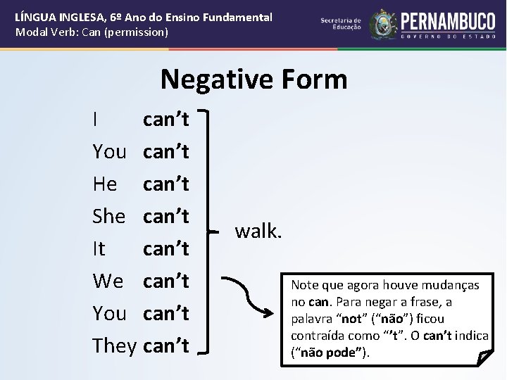 LÍNGUA INGLESA, 6º Ano do Ensino Fundamental Modal Verb: Can (permission) Negative Form I