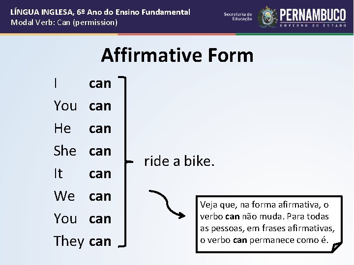 LÍNGUA INGLESA, 6º Ano do Ensino Fundamental Modal Verb: Can (permission) Affirmative Form I