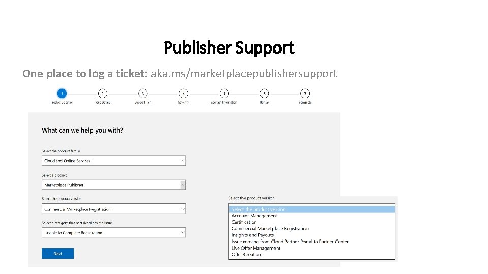 Publisher Support One place to log a ticket: aka. ms/marketplacepublishersupport 