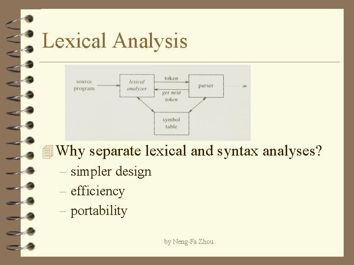 Lexical Analysis 4 Why separate lexical and syntax analyses? – simpler design – efficiency