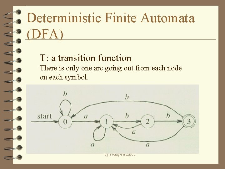 Deterministic Finite Automata (DFA) T: a transition function There is only one arc going