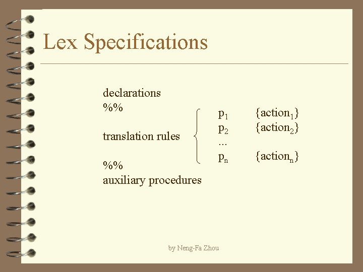 Lex Specifications declarations %% translation rules %% auxiliary procedures p 1 p 2. .
