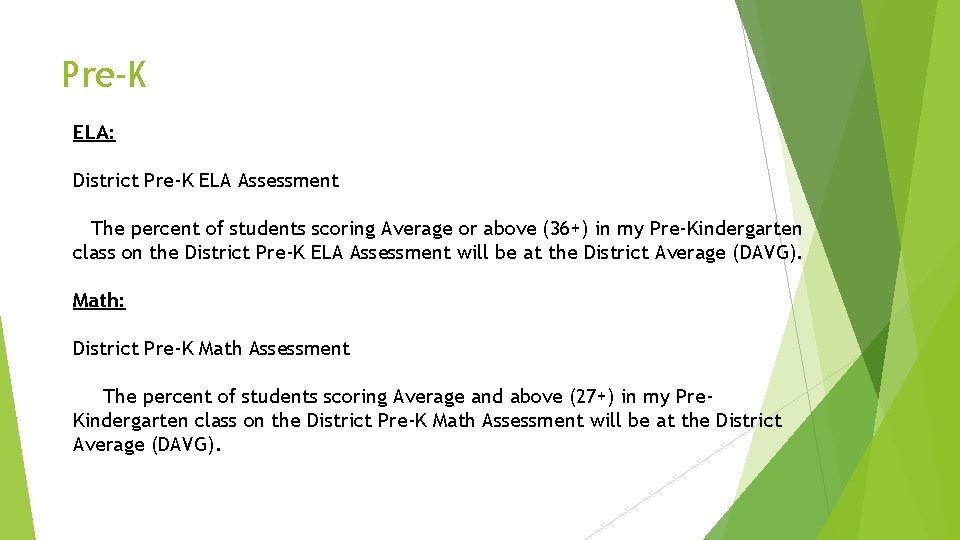 Pre-K ELA: District Pre-K ELA Assessment The percent of students scoring Average or above