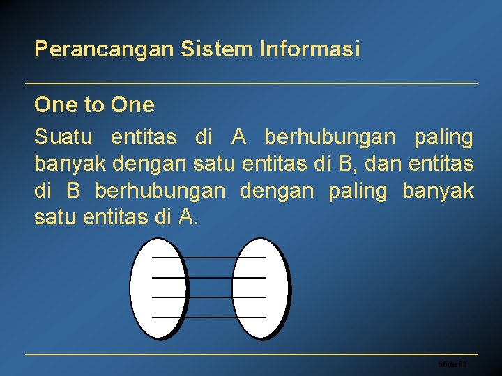 Perancangan Sistem Informasi One to One Suatu entitas di A berhubungan paling banyak dengan