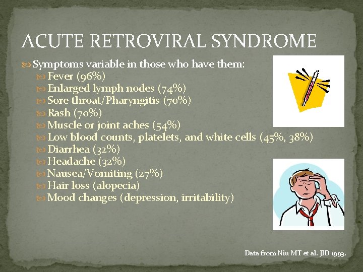 ACUTE RETROVIRAL SYNDROME Symptoms variable in those who have them: Fever (96%) Enlarged lymph