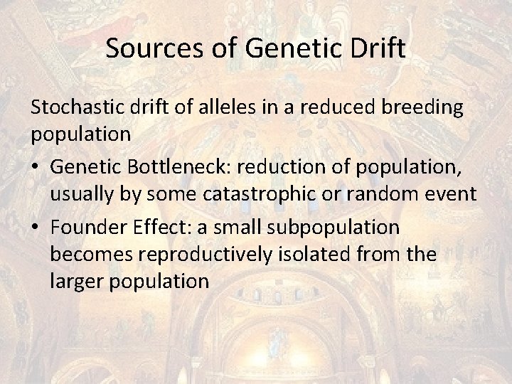 Sources of Genetic Drift Stochastic drift of alleles in a reduced breeding population •