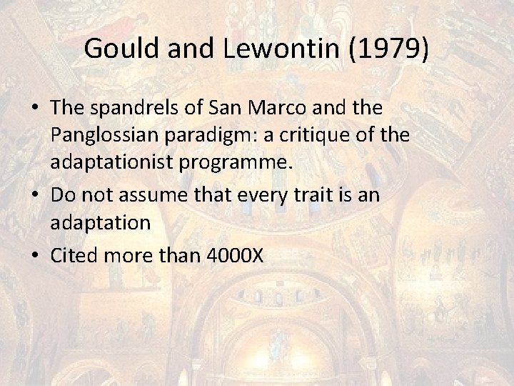 Gould and Lewontin (1979) • The spandrels of San Marco and the Panglossian paradigm: