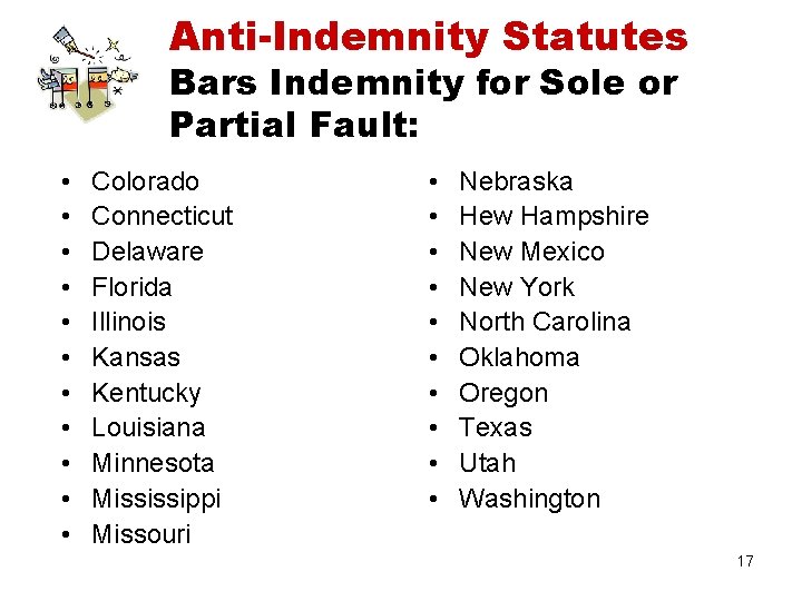 Anti-Indemnity Statutes Bars Indemnity for Sole or Partial Fault: • • • Colorado Connecticut