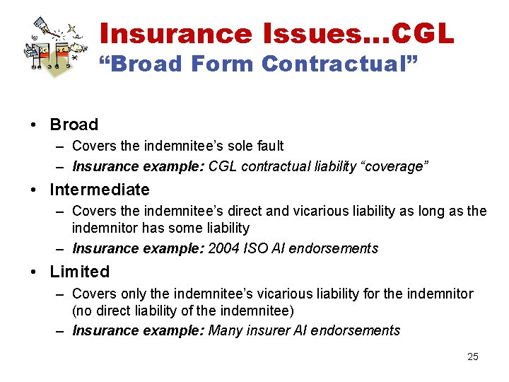 Insurance Issues…CGL “Broad Form Contractual” • Broad – Covers the indemnitee’s sole fault –