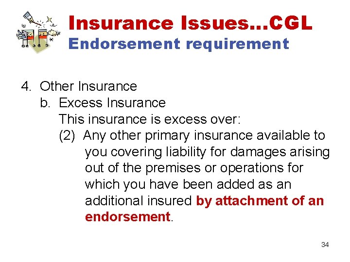 Insurance Issues…CGL Endorsement requirement 4. Other Insurance b. Excess Insurance This insurance is excess