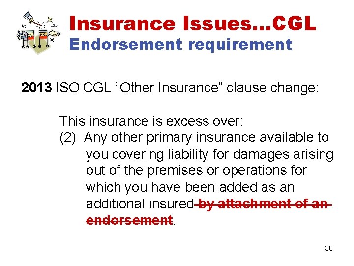 Insurance Issues…CGL Endorsement requirement 2013 ISO CGL “Other Insurance” clause change: This insurance is