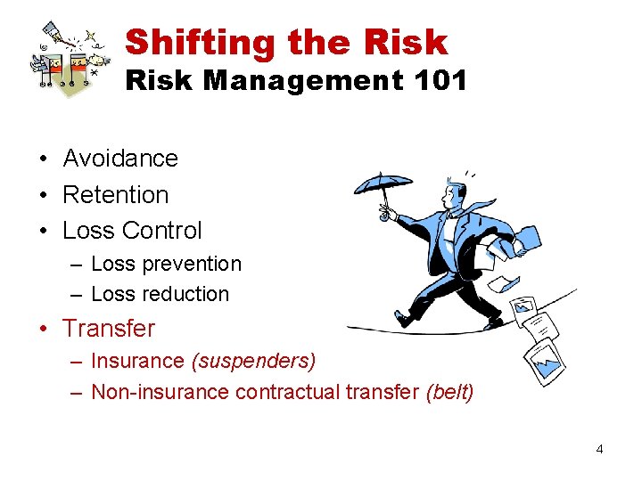 Shifting the Risk Management 101 • Avoidance • Retention • Loss Control – Loss