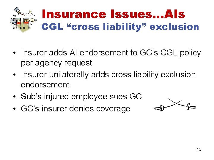 Insurance Issues…AIs CGL “cross liability” exclusion • Insurer adds AI endorsement to GC’s CGL