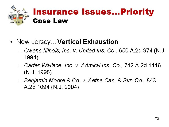 Insurance Issues…Priority Case Law • New Jersey…Vertical Exhaustion – Owens-Illinois, Inc. v. United Ins.
