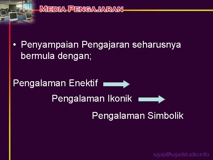  • Penyampaian Pengajaran seharusnya bermula dengan; Pengalaman Enektif Pengalaman Ikonik Pengalaman Simbolik 