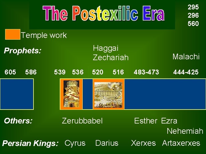 295 296 560 The Postexilic Era Temple work Haggai Zechariah Prophets: 605 586 Others: