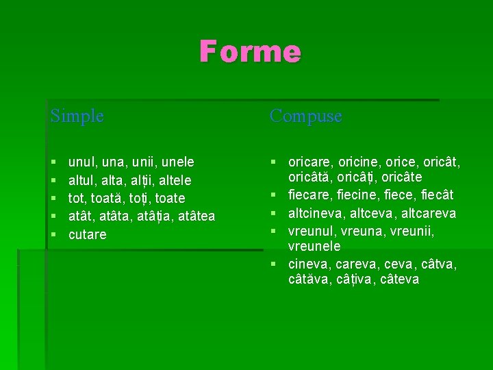 Forme Simple Compuse § § § oricare, oricine, oricât, oricâtă, oricâți, oricâte § fiecare,