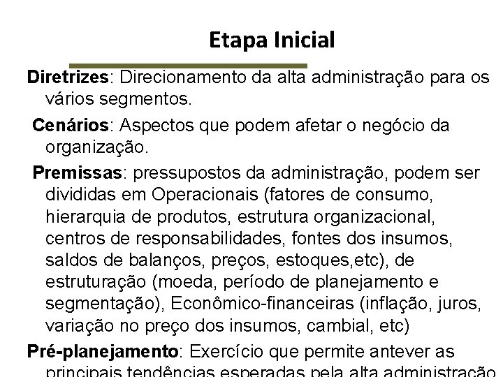 Etapa Inicial Diretrizes: Direcionamento da alta administração para os vários segmentos. Cenários: Aspectos que