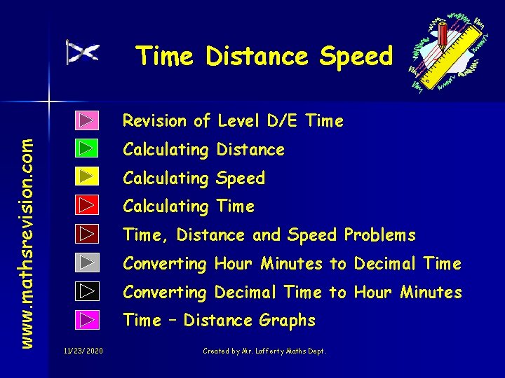 Time Distance Speed www. mathsrevision. com Revision of Level D/E Time Calculating Distance Calculating