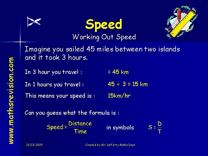 Speed www. mathsrevision. com Working Out Speed Imagine you sailed 45 miles between two