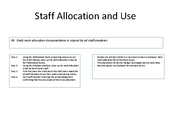 Staff Allocation and Use 99 Daily work allocation documentation is signed by all staff