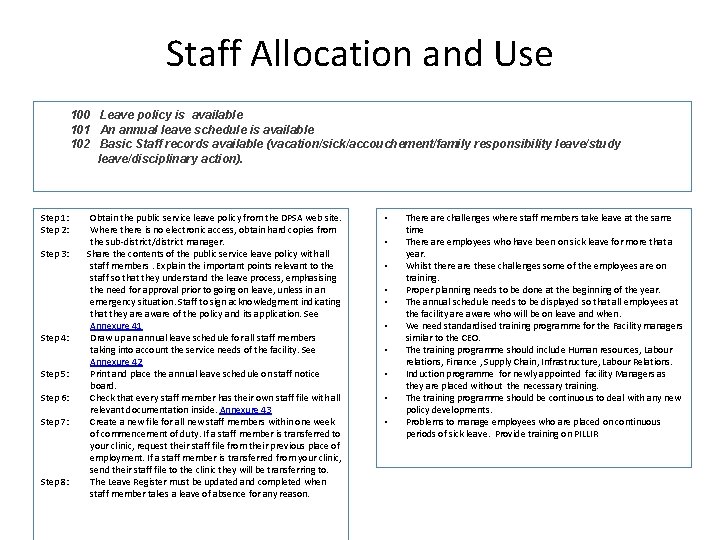 Staff Allocation and Use 100 Leave policy is available 101 An annual leave schedule