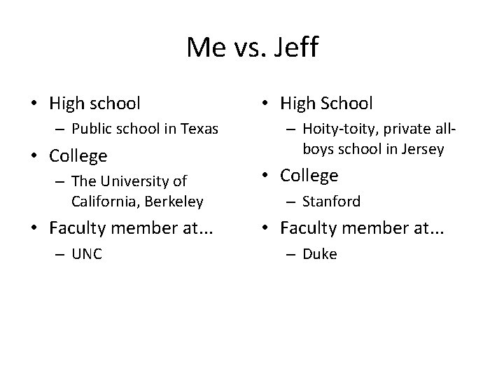 Me vs. Jeff • High school – Public school in Texas • College –