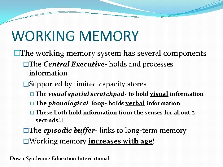 WORKING MEMORY �The working memory system has several components �The Central Executive- holds and