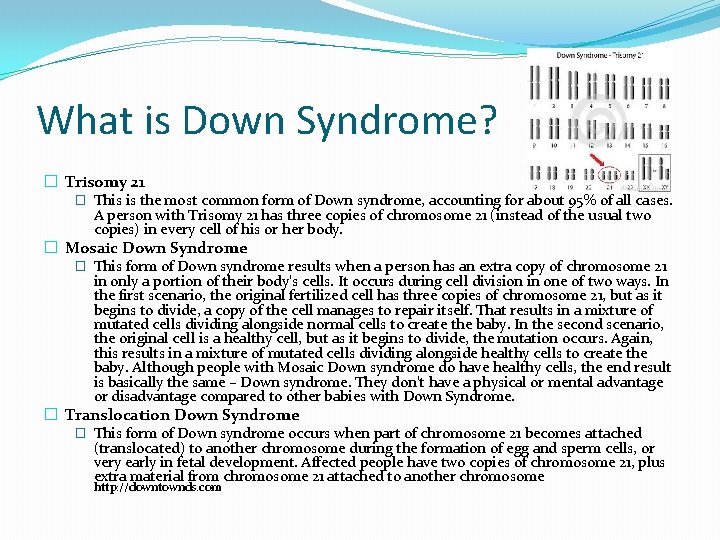 What is Down Syndrome? � Trisomy 21 � This is the most common form