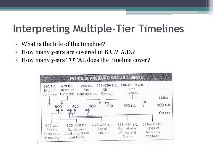 Interpreting Multiple-Tier Timelines • What is the title of the timeline? • How many