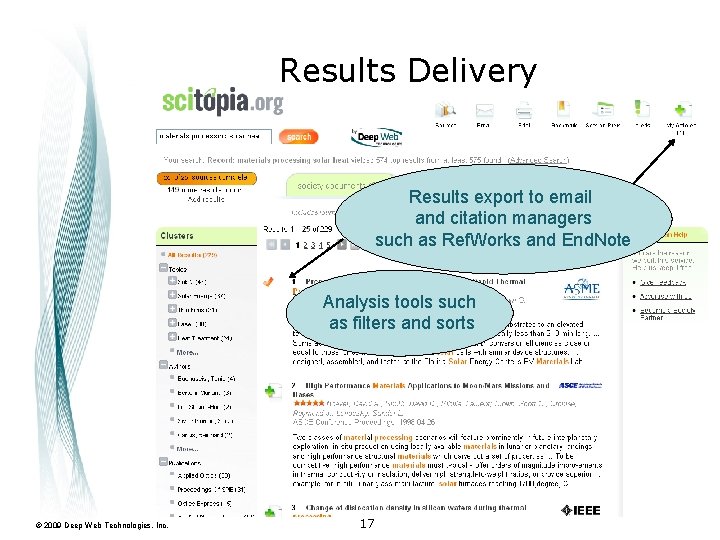 Results Delivery Results export to email and citation managers such as Ref. Works and