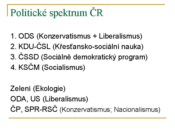 Politické spektrum ČR 1. ODS (Konzervatismus + Liberalismus) 2. KDU-ČSL (Křesťansko-sociální nauka) 3. ČSSD Politické spektrum ČR 1. ODS (Konzervatismus + Liberalismus) 2. KDU-ČSL (Křesťansko-sociální nauka) 3. ČSSD