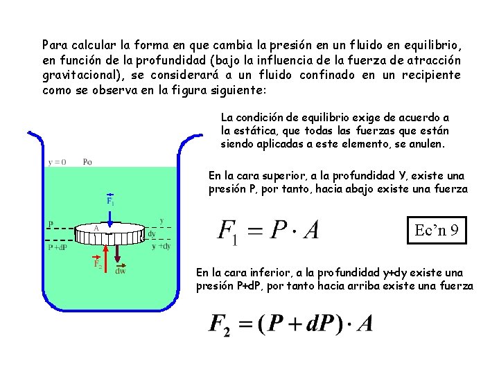 Para calcular la forma en que cambia la presión en un fluido en equilibrio,