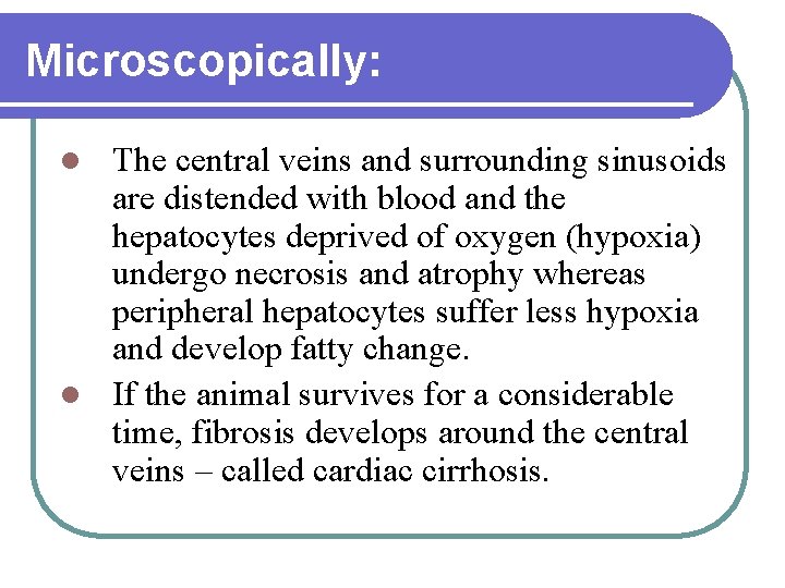 Microscopically: The central veins and surrounding sinusoids are distended with blood and the hepatocytes