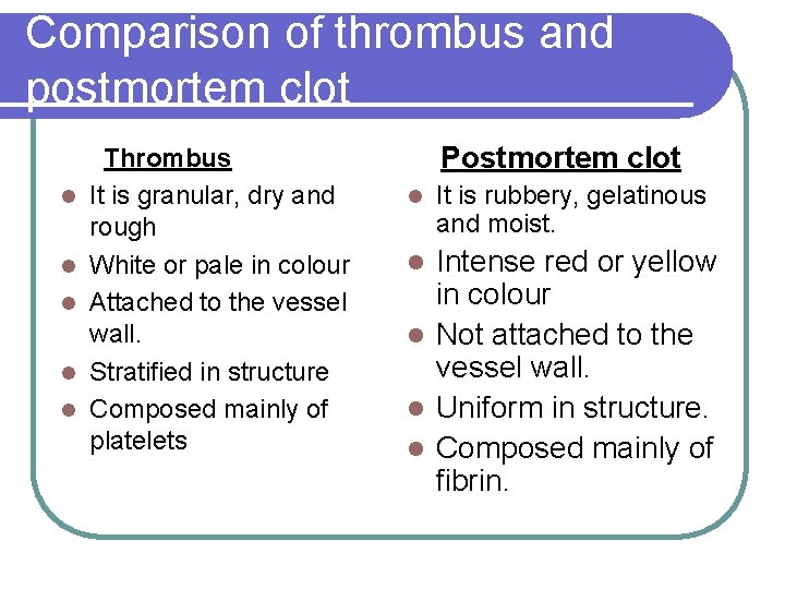 Comparison of thrombus and postmortem clot Thrombus It is granular, dry and rough White