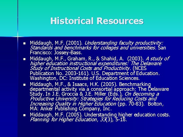 Historical Resources n n n Middaugh, M. F. (2001). Understanding faculty productivity: Standards and