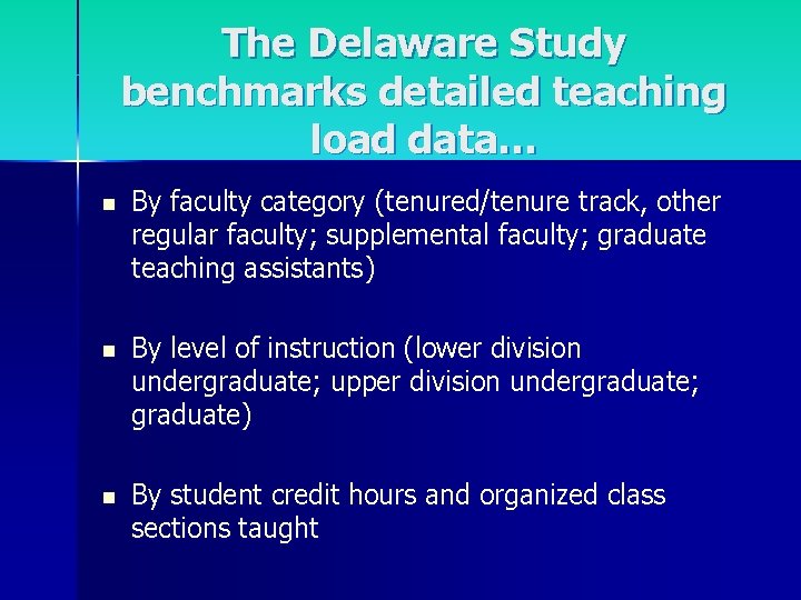 The Delaware Study benchmarks detailed teaching load data… n By faculty category (tenured/tenure track,