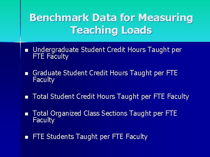 Benchmark Data for Measuring Teaching Loads n Undergraduate Student Credit Hours Taught per FTE