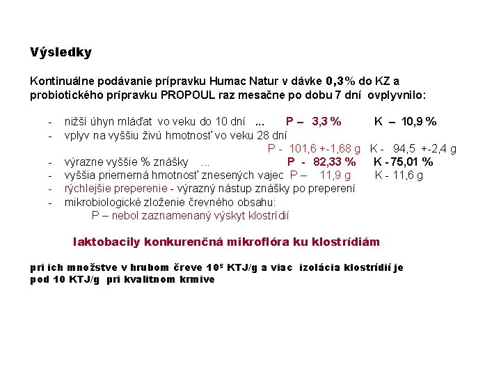Výsledky Kontinuálne podávanie prípravku Humac Natur v dávke 0, 3% do KZ a probiotického
