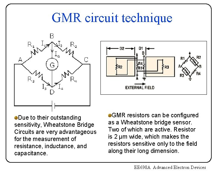 GMR circuit technique Due to their outstanding sensitivity, Wheatstone Bridge Circuits are very advantageous GMR circuit technique Due to their outstanding sensitivity, Wheatstone Bridge Circuits are very advantageous