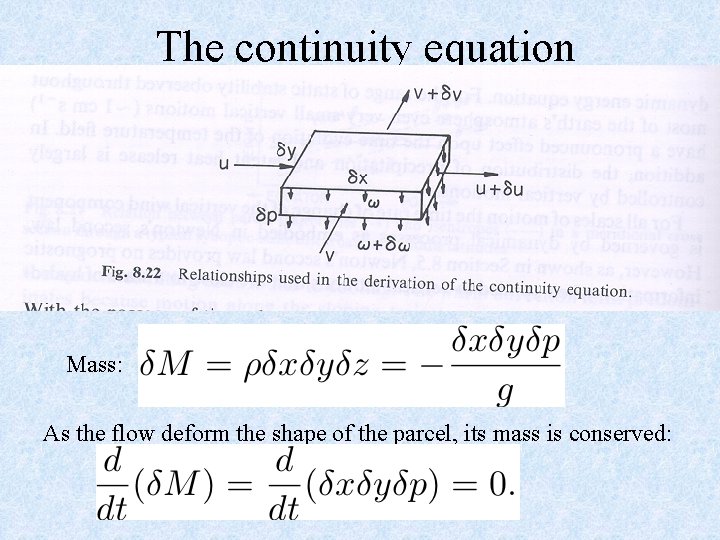 The continuity equation Mass: As the flow deform the shape of the parcel, its