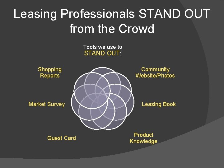 Leasing Professionals STAND OUT from the Crowd Tools we use to STAND OUT: Shopping