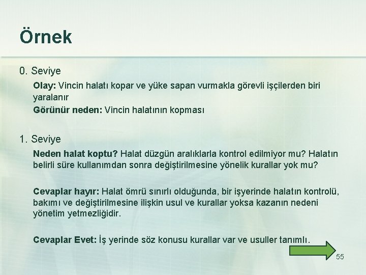 Örnek 0. Seviye Olay: Vincin halatı kopar ve yüke sapan vurmakla görevli işçilerden biri