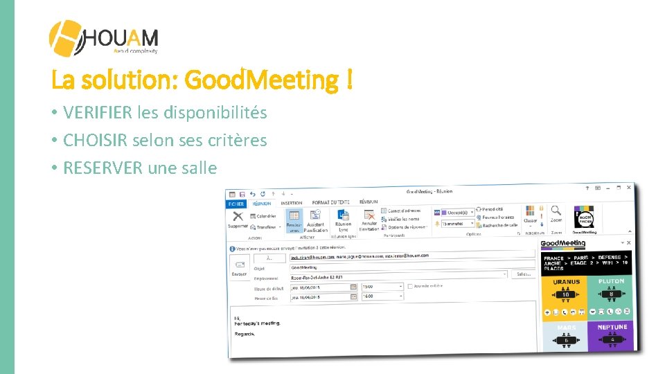 La solution: Good. Meeting ! • VERIFIER les disponibilités • CHOISIR selon ses critères