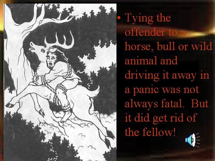 • Tying the offender to a horse, bull or wild animal and driving • Tying the offender to a horse, bull or wild animal and driving