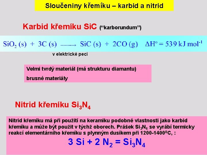 Sloučeniny křemíku – karbid a nitrid Karbid křemíku Si. C (“karborundum”) v elektrické peci